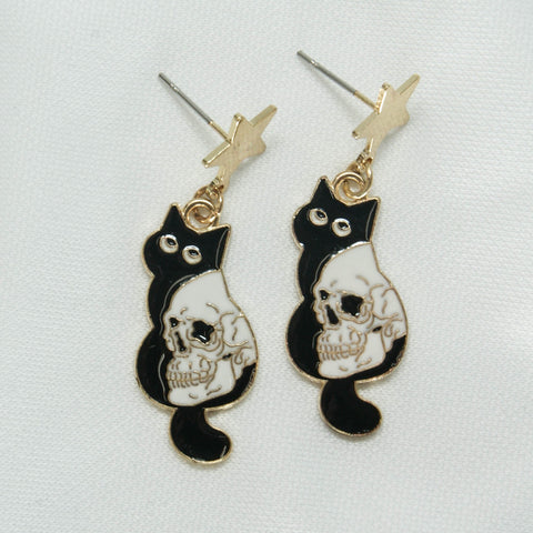 Skull Black Cat Earrings